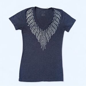 Energie Dark Blue V-Neck Tee with Silver Beading